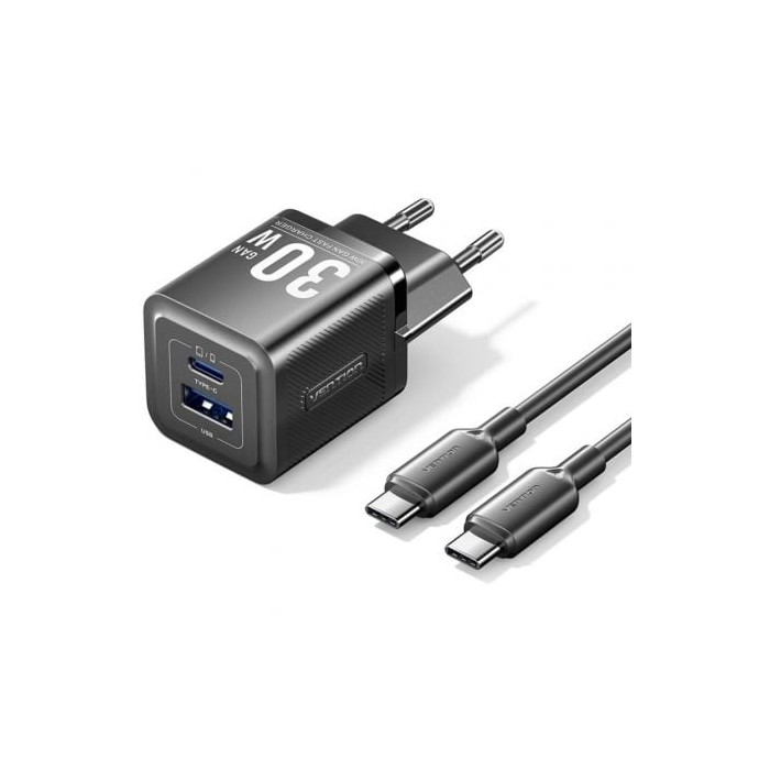 Cargador de Pared GaN Vention TZ-FEQB0-EU-01/ 1xUSB Tipo-C/ 1xUSB + Cable USB Tipo-C/ 30W | Cargadores hasta 45W