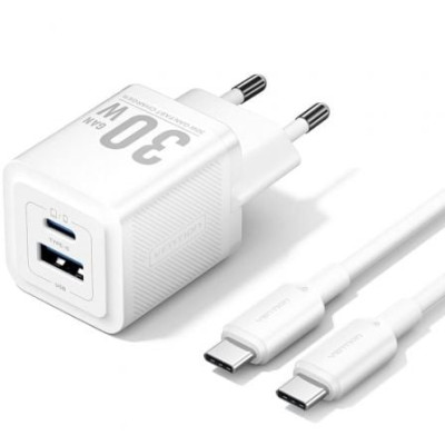 Cargador de Pared GaN Vention TZ-FEQW0-EU-01/ 1xUSB Tipo-C/ 1xUSB + Cable USB Tipo-C/ 30W | Cargadores hasta 45W