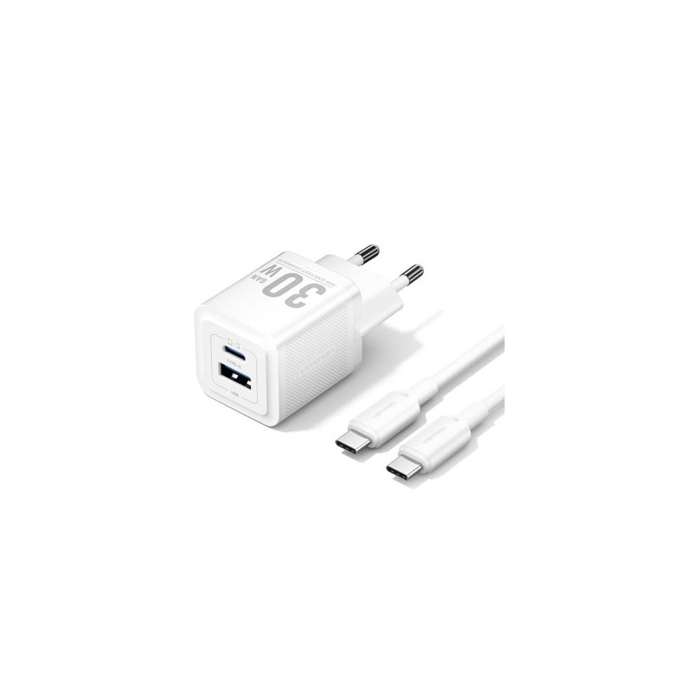Cargador de Pared GaN Vention TZ-FEQW0-EU-01/ 1xUSB Tipo-C/ 1xUSB + Cable USB Tipo-C/ 30W | Cargadores hasta 45W