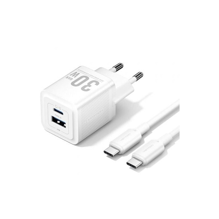 Cargador de Pared GaN Vention TZ-FEQW0-EU-01/ 1xUSB Tipo-C/ 1xUSB + Cable USB Tipo-C/ 30W | Cargadores hasta 45W