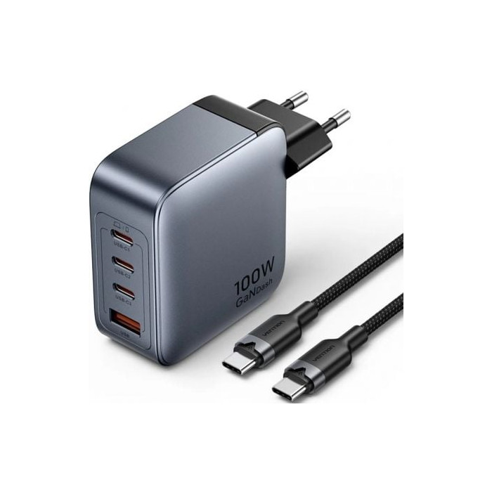 Cargador de Pared GaN Vention TZ-FETH0-EU/ 3xUSB Tipo-C/ 1xUSB/ 100W | Cargadores +60W