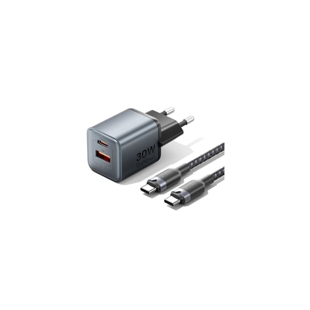 Cargador de Pared GaN Vention TZ-FEWH0-EU/ 1xUSB Tipo-C/ 1xUSB/ 30W | Cargadores hasta 45W