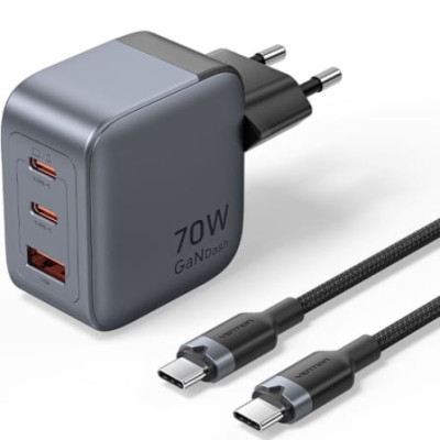 Cargador de Pared GaN Vention TZ-FEXH0-EU/ 2xUSB Tipo-C/ 1xUSB + Cable USB Tipo-C/ 70W | Cargadores +60W