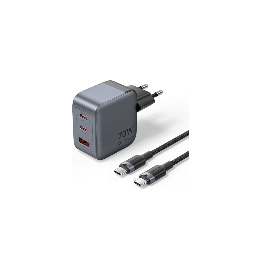 Cargador de Pared GaN Vention TZ-FEXH0-EU/ 2xUSB Tipo-C/ 1xUSB + Cable USB Tipo-C/ 70W | Cargadores +60W