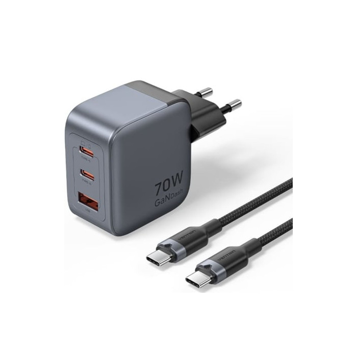 Cargador de Pared GaN Vention TZ-FEXH0-EU/ 2xUSB Tipo-C/ 1xUSB + Cable USB Tipo-C/ 70W | Cargadores +60W