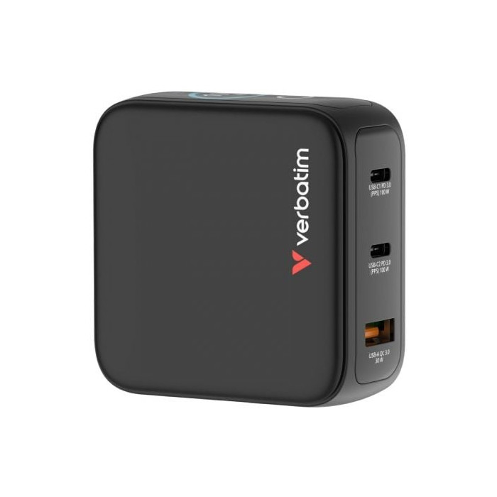 Cargador de Pared Universal GaN para Viaje Verbatim Mini GaN Charger Con Pantalla/ 2xUSB Tipo-C/ 1xUSB/ 100W | Cargadores +60W