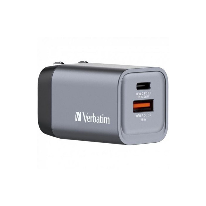 Cargador de Pared Universal GaN para Viaje Verbatim GNC-35/ 1xUSB Tipo-C/ 1xUSB/ 35W | Cargadores hasta 45W