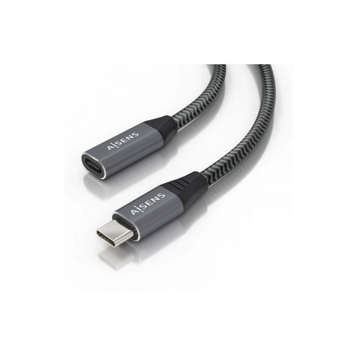 Cable Alargador USB 3.2 Aisens A107-0760/ USB Tipo-C Macho - USB Tipo-C Hembra/ Hasta 100W/ 20Gbps/ 50cm/ Gris | USB