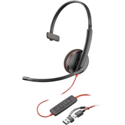 Auricular Poly Blackwire 3210 + Adaptador USB-C/A/ con Micrófono/ USB Tipo-C/ Bulk/ Negro | Auriculares