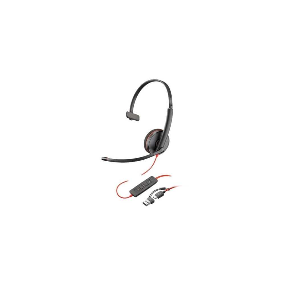 Auricular Poly Blackwire 3210 + Adaptador USB-C/A/ con Micrófono/ USB Tipo-C/ Bulk/ Negro | Auriculares