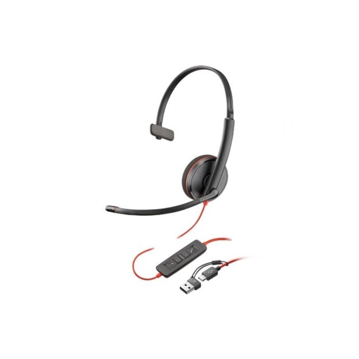 Auricular Poly Blackwire 3210 + Adaptador USB-C/A/ con Micrófono/ USB Tipo-C/ Bulk/ Negro | Auriculares