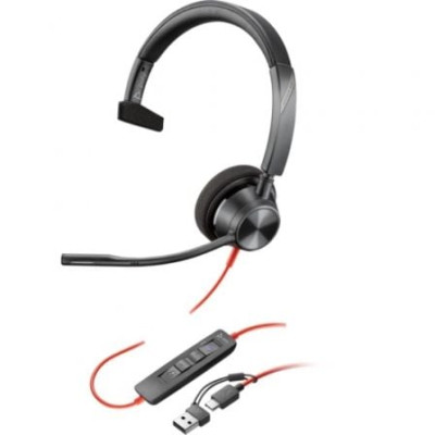Auricular Poly Blackwire 3310 para Microsoft Teams + Adaptador USB-C/A/ con Micrófono/ USB Tipo-C/ Negro | Auriculares