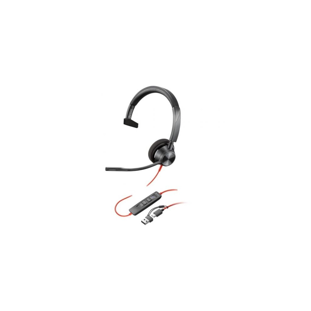 Auricular Poly Blackwire 3310 para Microsoft Teams + Adaptador USB-C/A/ con Micrófono/ USB Tipo-C/ Negro | Auriculares