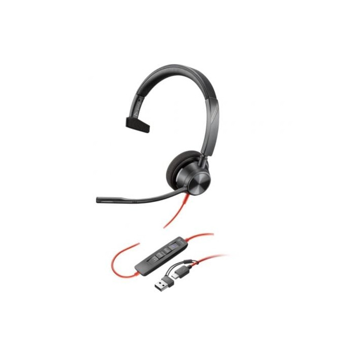Auricular Poly Blackwire 3310 para Microsoft Teams + Adaptador USB-C/A/ con Micrófono/ USB Tipo-C/ Negro | Auriculares