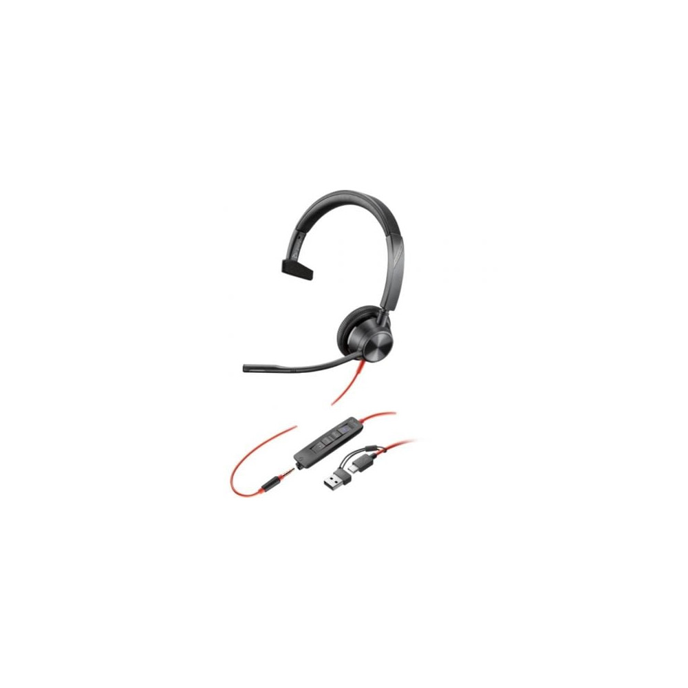 Auricular Poly Blackwire 3315 para Microsoft Teams + Adaptador USB-C/A/ con Micrófono/ Jack 3.5/ Negro | Auriculares