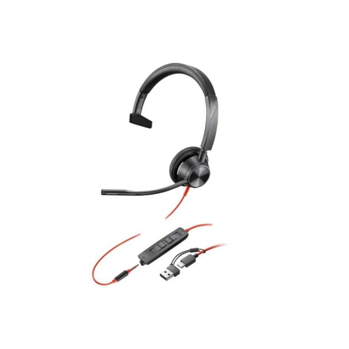 Auricular Poly Blackwire 3315 para Microsoft Teams + Adaptador USB-C/A/ con Micrófono/ Jack 3.5/ Negro | Auriculares