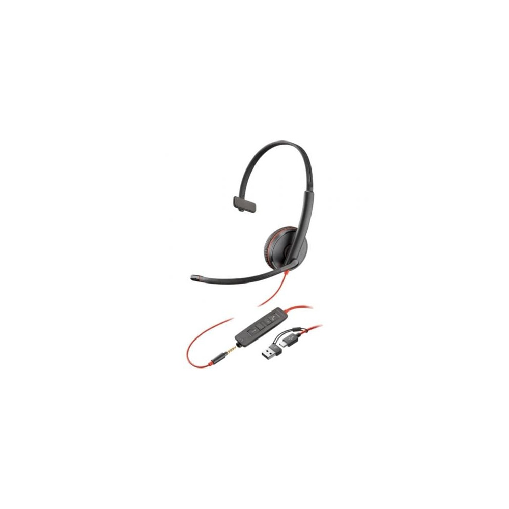 Auricular Poly Blackwire 3215 + 3.5mm + Adaptador USB-C/A/ con Micrófono/ Jack 3.5 - USB Tipo-C/ Bulk/ Negro | Auriculares