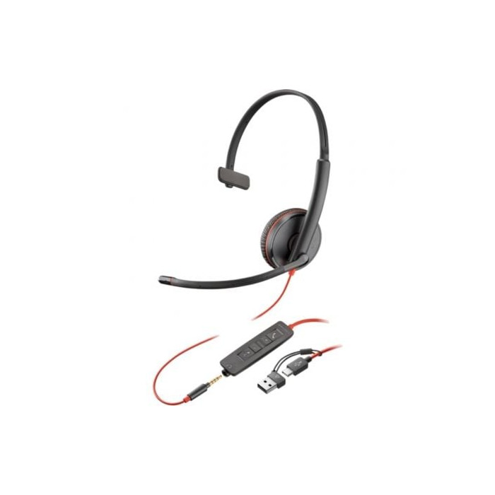 Auricular Poly Blackwire 3215 + 3.5mm + Adaptador USB-C/A/ con Micrófono/ Jack 3.5 - USB Tipo-C/ Bulk/ Negro | Auriculares