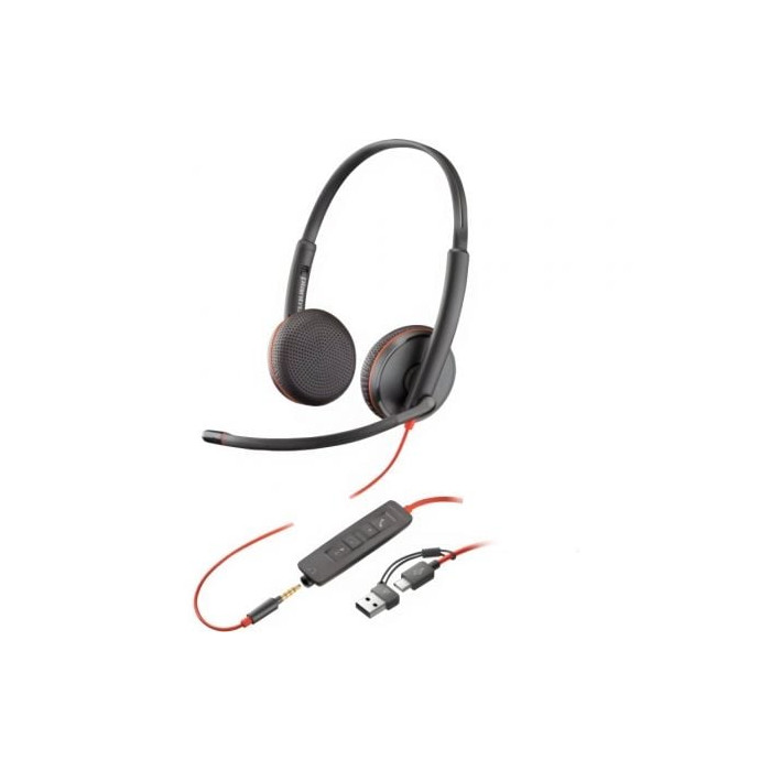 Auriculares Poly Blackwire 3225 + 3.5 mm + Adaptador USB-C/A/ con Micrófono/ Jack 3.5 - USB Tipo-C/ Bulk/ Negros | Auriculares