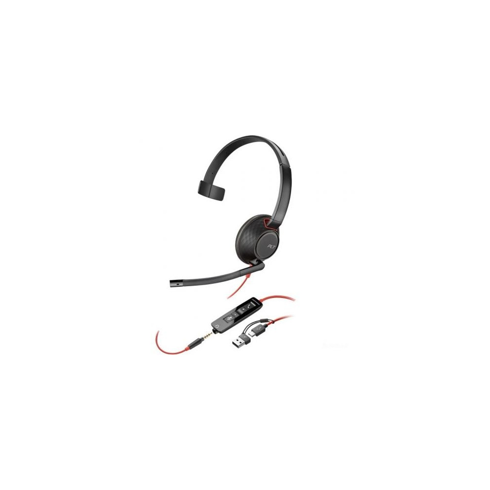 Auricular Poly Blackwire 5210 + 3.5 mm + Adaptador USB-C/A/ con Micrófono/ Jack 3.5 - USB Tipo-C/ Jack 3.5 - USB Tipo-C/ Bulk/ N