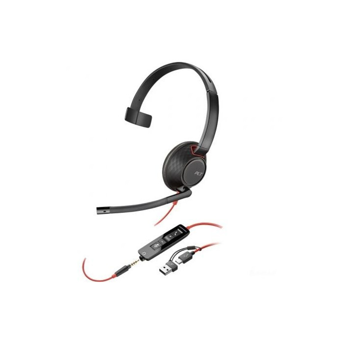Auricular Poly Blackwire 5210 + 3.5 mm + Adaptador USB-C/A/ con Micrófono/ Jack 3.5 - USB Tipo-C/ Jack 3.5 - USB Tipo-C/ Bulk/ N
