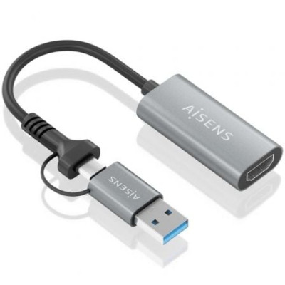 Conversor HDMI Aisens A109-0913/ USB + USB Tipo-C 3.1 Macho - HDMI Macho/ 15cm/ Gris | HDMI