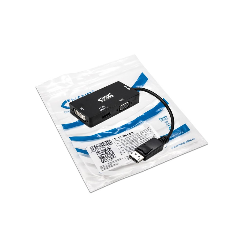 Cable Conversor Nanocable 10.16.3301-BK/ Displayport Macho - VGA Hembra/ DVI Hembra/ HDMI Hembra/ 15cm/ Negro | VGA/DVI/DisplayP