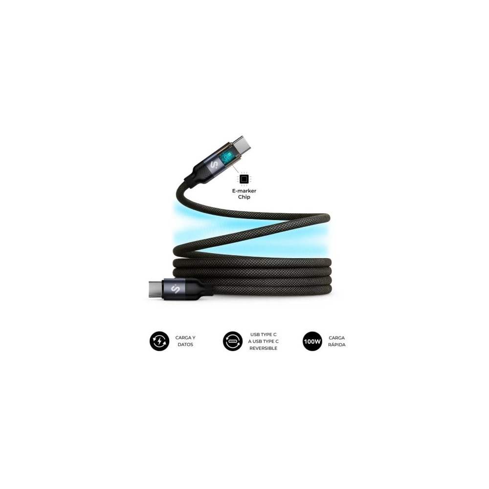 Cable USB 2.0 Tipo-C Subblim PowerMag Led/ USB Tipo-C Macho - USB Tipo-C Macho/ Hasta 100W/ 480Mbps/ 2m/ Negro | USB-C