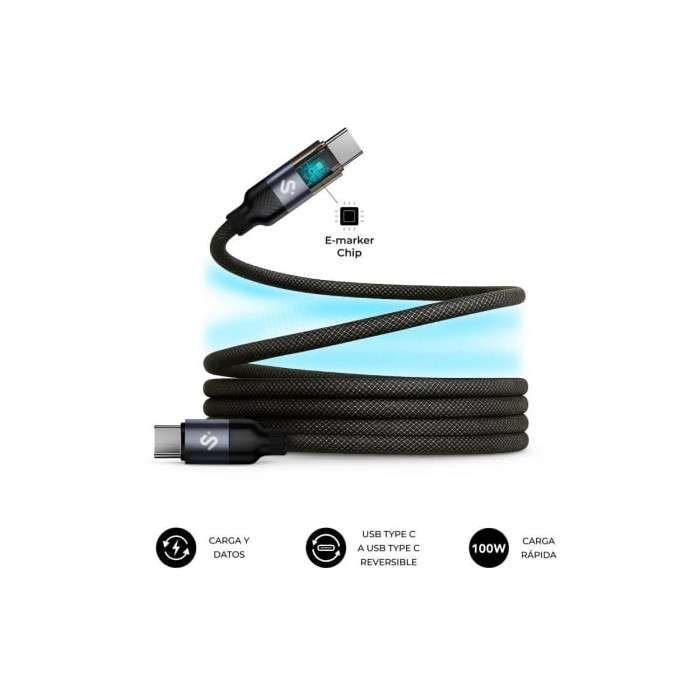 Cable USB 2.0 Tipo-C Subblim PowerMag Led/ USB Tipo-C Macho - USB Tipo-C Macho/ Hasta 100W/ 480Mbps/ 2m/ Negro | USB-C