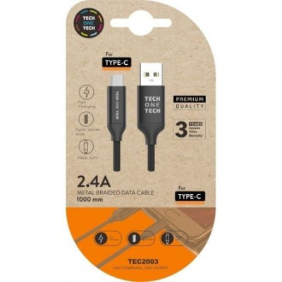 Cable USB 2.0 Tipo-C Tech One Tech TEC2003/ USB Tipo-C Macho - USB Macho/ 480Mbps/ 1m/ Negro | USB