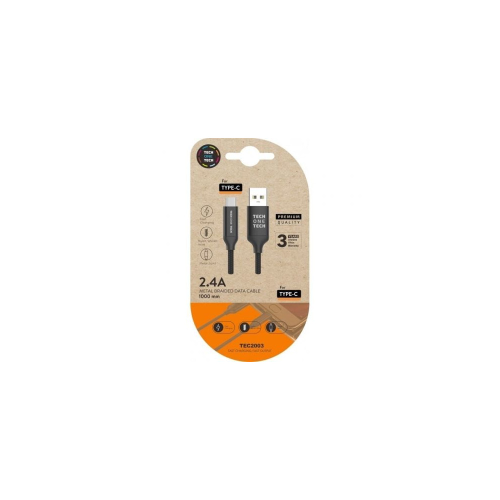 Cable USB 2.0 Tipo-C Tech One Tech TEC2003/ USB Tipo-C Macho - USB Macho/ 480Mbps/ 1m/ Negro | USB