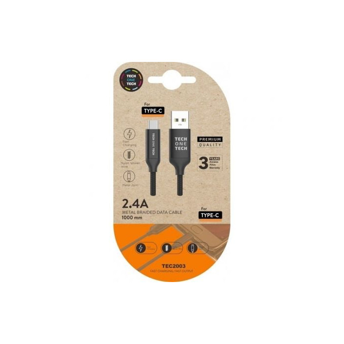 Cable USB 2.0 Tipo-C Tech One Tech TEC2003/ USB Tipo-C Macho - USB Macho/ 480Mbps/ 1m/ Negro | USB