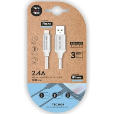 Cable USB 2.0 Tech One Tech TEC2005/ USB Macho - Lightning Macho/ 1m/ Blanco | Lightning
