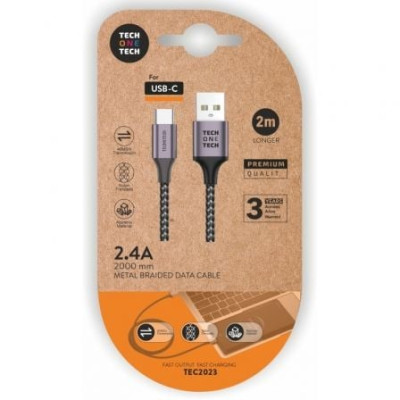 Cable USB 2.0 Tipo-C Tech One Tech TEC2023/ USB Tipo-C Macho - USB Macho/ 2m/ Gris | USB