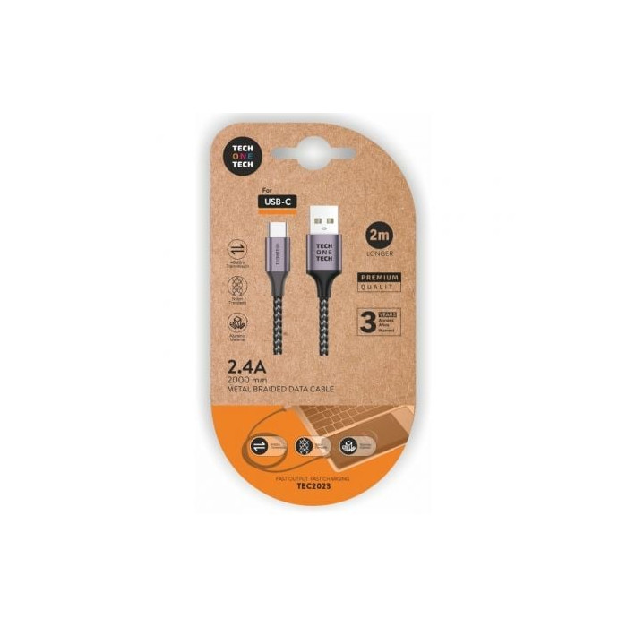 Cable USB 2.0 Tipo-C Tech One Tech TEC2023/ USB Tipo-C Macho - USB Macho/ 2m/ Gris | USB