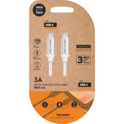 Cable USB 2.0 Tipo-C Tech One Tech TEC2204/ USB Tipo-C Macho - USB Tipo-C Macho/ Hasta 20W/ 480Mbps/ 1m/ Blanco | USB-C
