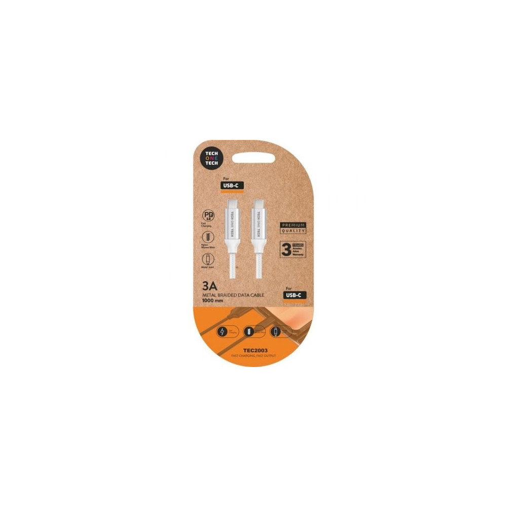 Cable USB 2.0 Tipo-C Tech One Tech TEC2204/ USB Tipo-C Macho - USB Tipo-C Macho/ Hasta 20W/ 480Mbps/ 1m/ Blanco | USB-C