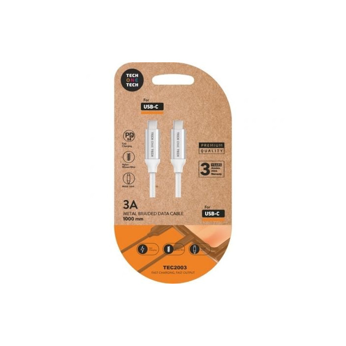 Cable USB 2.0 Tipo-C Tech One Tech TEC2204/ USB Tipo-C Macho - USB Tipo-C Macho/ Hasta 20W/ 480Mbps/ 1m/ Blanco | USB-C