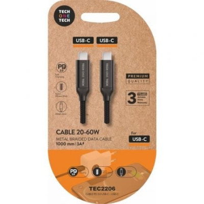 Cable USB 2.0 Tipo-C Tech One Tech TEC2206/ USB Tipo-C Macho - USB Tipo-C Macho/ Hasta 60W/ 480Mbps/ 1m/ Negro | USB-C