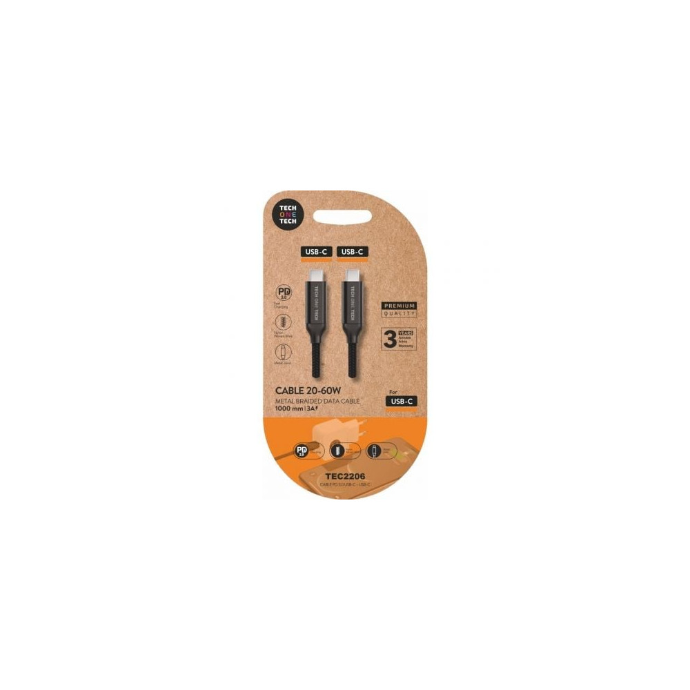 Cable USB 2.0 Tipo-C Tech One Tech TEC2206/ USB Tipo-C Macho - USB Tipo-C Macho/ Hasta 60W/ 480Mbps/ 1m/ Negro | USB-C