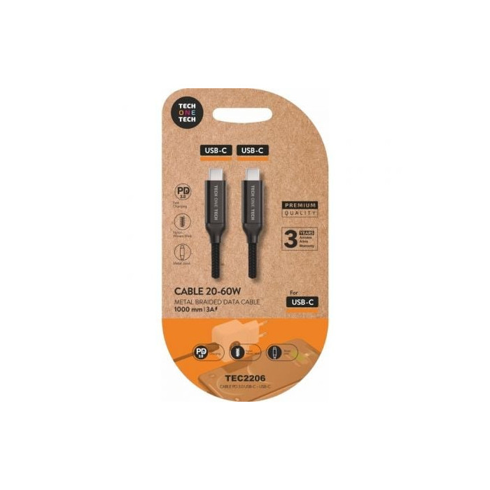 Cable USB 2.0 Tipo-C Tech One Tech TEC2206/ USB Tipo-C Macho - USB Tipo-C Macho/ Hasta 60W/ 480Mbps/ 1m/ Negro | USB-C
