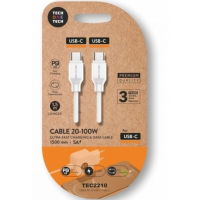 Cable USB 2.0 Tipo-C Tech One Tech TEC2210/ USB Tipo-C Macho - USB Tipo-C Macho/ Hasta 100W/ 480Mbps/ 1.5m/ Blanco | USB-C