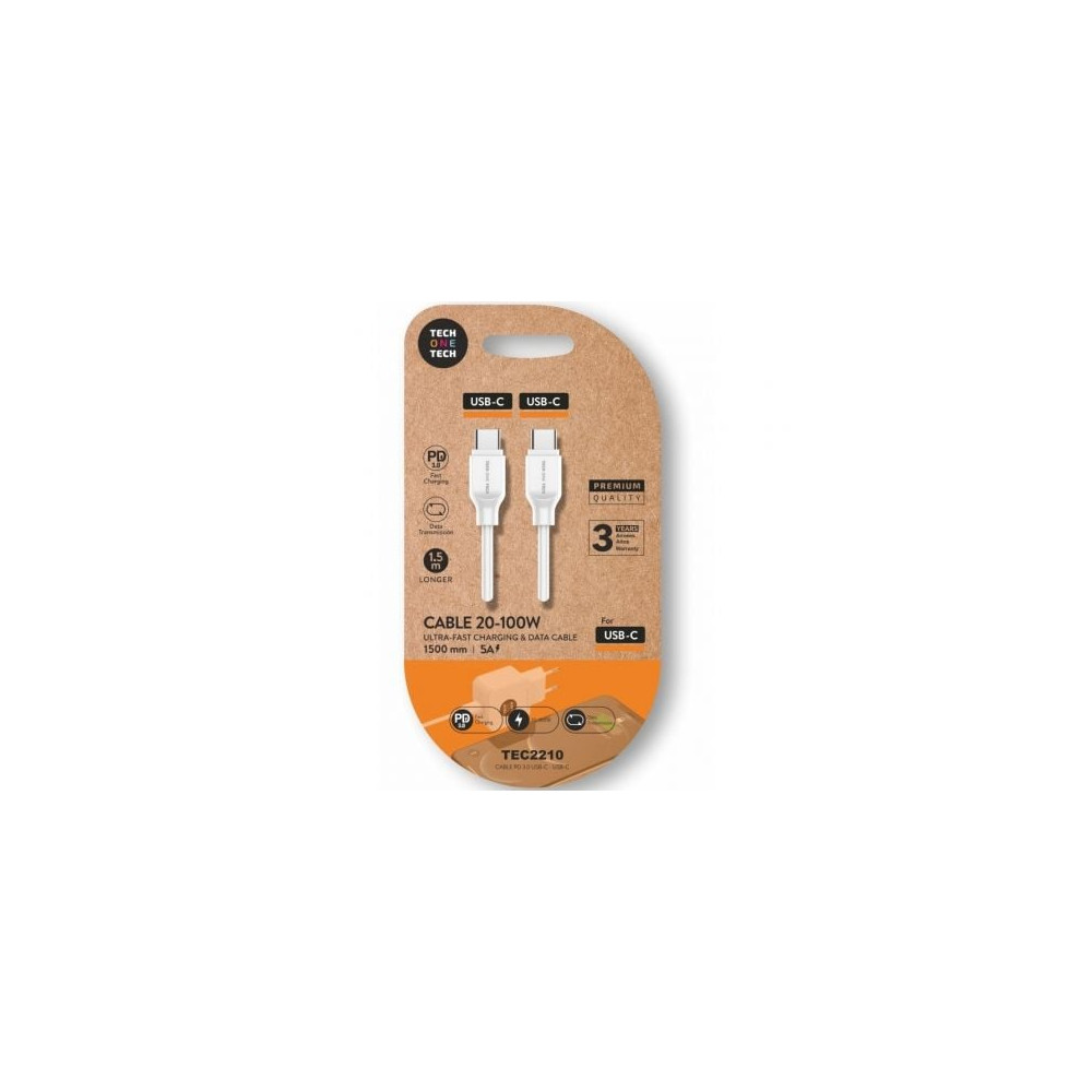 Cable USB 2.0 Tipo-C Tech One Tech TEC2210/ USB Tipo-C Macho - USB Tipo-C Macho/ Hasta 100W/ 480Mbps/ 1.5m/ Blanco | USB-C