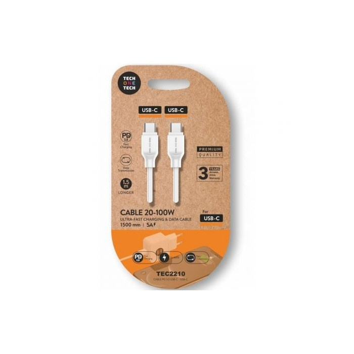 Cable USB 2.0 Tipo-C Tech One Tech TEC2210/ USB Tipo-C Macho - USB Tipo-C Macho/ Hasta 100W/ 480Mbps/ 1.5m/ Blanco | USB-C