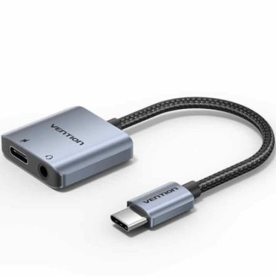 Adaptador Audio Vention BIGHA/ USB Tipo-C Macho - Jack 3.5 Hembra/ USB Tipo-C PD Hembra/ Gris | Audio