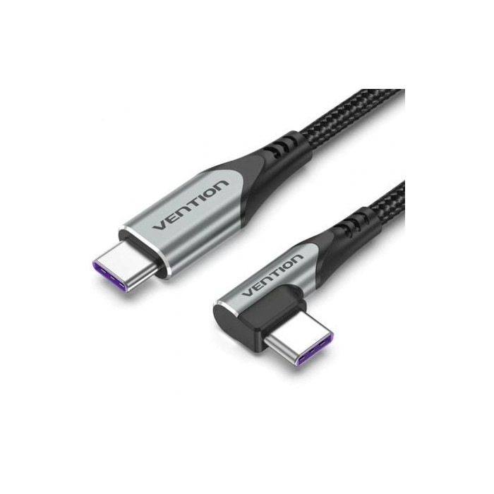 Cable USB 2.0 Tipo-C 90º Vention TAKHF/ USB Tipo-C Macho - USB Tipo-C Macho/ Hasta 100W/ 480Mbps/ 1m/ Gris | USB-C