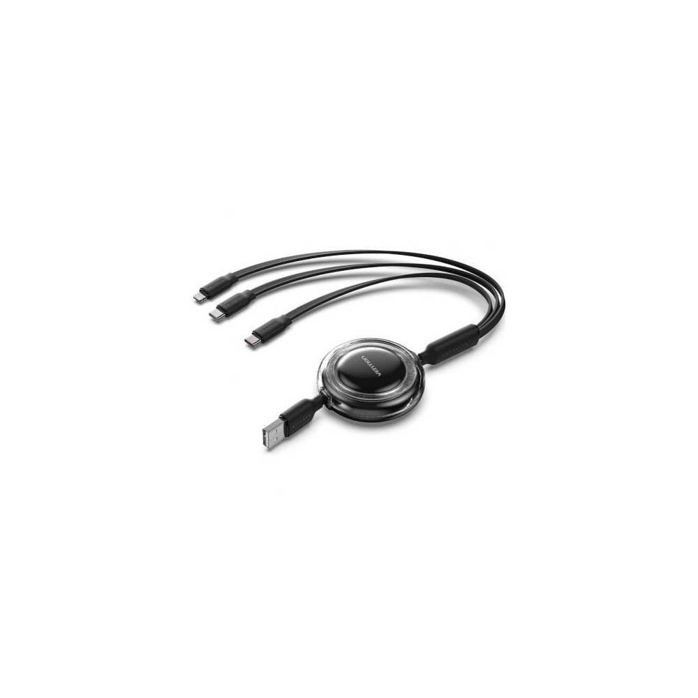 Cable USB Retráctil Vention TRJBBE/ USB Macho - Lightning/ 2xUSB Tipo-C/ Hasta 17.5W/ 10Gbps/ 1.1m/ Negro | USB