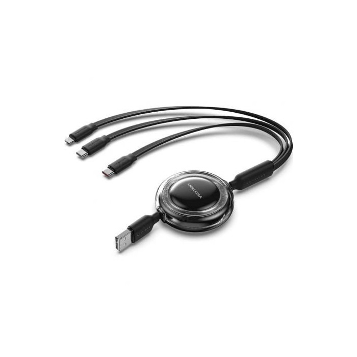 Cable USB Retráctil Vention TRJBBE/ USB Macho - Lightning/ 2xUSB Tipo-C/ Hasta 17.5W/ 10Gbps/ 1.1m/ Negro | USB
