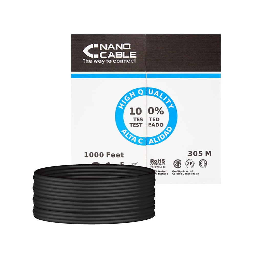 Bobina de Cable RJ45 para Exteriores UTP Nanocable 10.20.0304-EXT-BK Cat.5e/ 305m/ Impermeable/ Negro | Bobinas