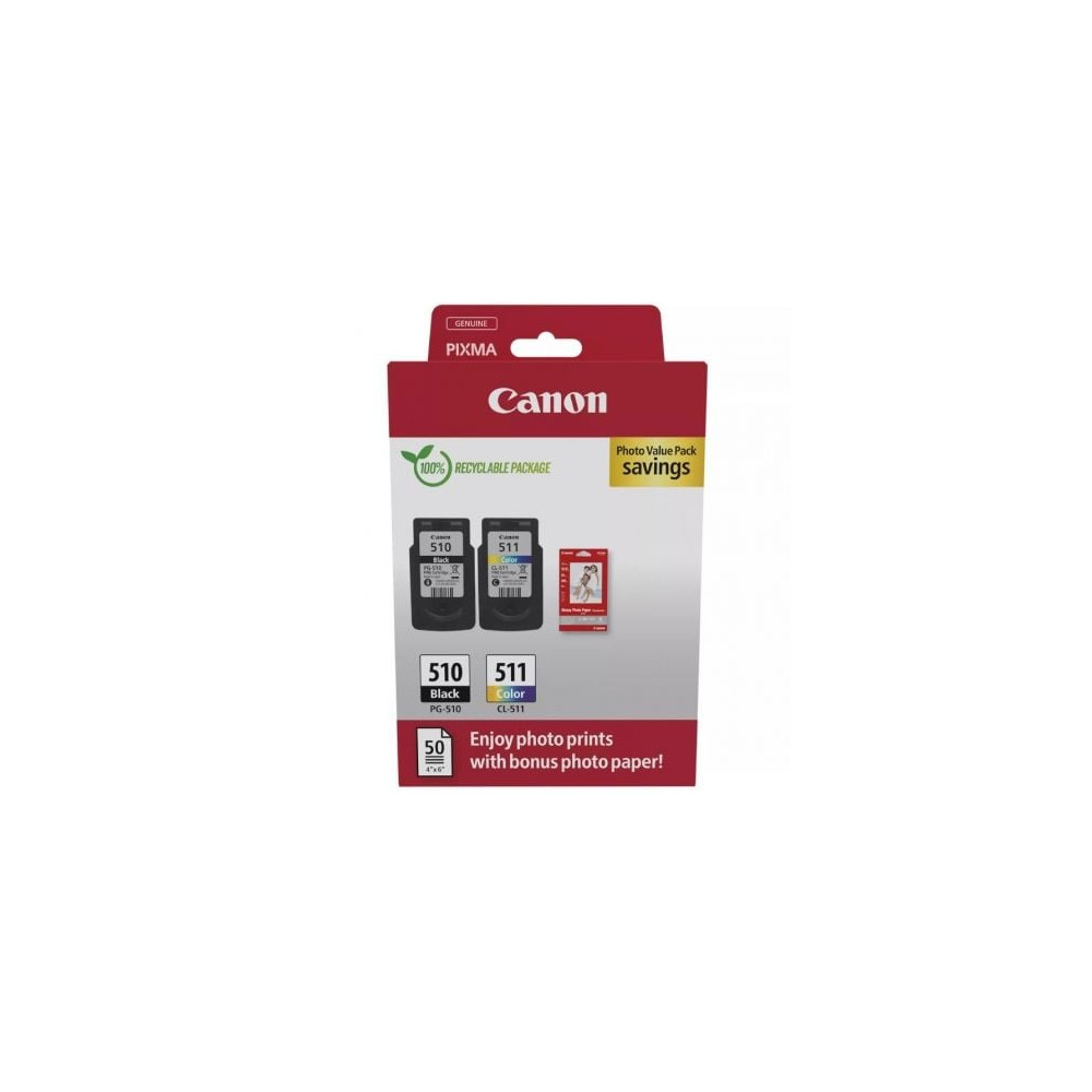 Cartucho de Tinta Original Canon PG-510 + CL-511 Multipack/ Negro/ Tricolor + Papel Fotográfico | Canon
